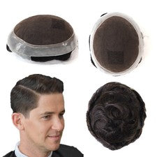 Sistema de reemplazo de cabello humano Toupee natural para hombres piel de polietileno encaje francés