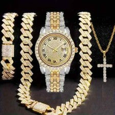Reloj Hip Hop Diamante Simulado Lujo Cadena Cubana Helada Cruz Collar Pulsera