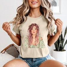 Camiseta floral retrato mujer estilo bohemio