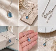 Collar colgante de piedra ovalada azul para mujer cadena tono plata joyería minimalista