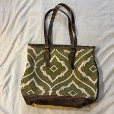 Bolso de Mano Myra Bag Verde Patrón Ikat Cuero Borde Lona