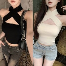 Camiseta sin mangas de poliéster para mujer cuello fuera del hombro color puro ajuste regular nueva