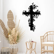Arte de pared de metal envolvente enredaderas alrededor de la cruz decoración para colgantes de pared de jardín y hogar