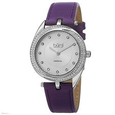 Reloj para mujer Burgi BUR122PU tono plateado marcadores de diamantes correa de cuero púrpura