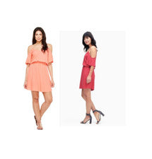 Nuevo con etiquetas Espléndido Vestido Para Mujer Hombro Frío Tropical Melocotón Y Rojo Talla XS S M $140