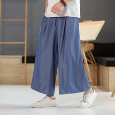 Pantalones anchos sueltos estilo chino para hombre color liso retro cintura alta informales culottes