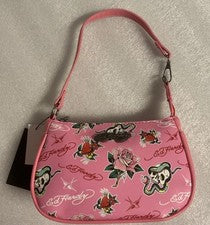 Bolso de Hombro Ed Hardy Rosa Para Mujer Tatuaje Gráfico Logo Corazón Rosa Calavera