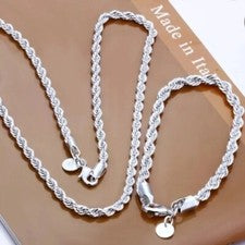 Juego de cadena y pulsera de plata 925 con cadena de cuerda de 4 mm 2 piezas