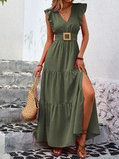 Maxivestido liso escote en V y mangas con volantes