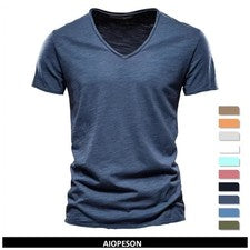 Camiseta de calidad de marca 100 % algodón para hombre con cuello en V diseño de moda calce ajustado suave para hombre