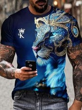 Hombres Camiseta Moda Abstracto Azul León Cabeza Casual Manga Corta Novedad Moda