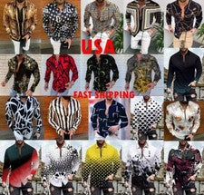 Camisa Con Botones Abotonada Hombres Moda Barroco Manga Larga Hawaiano Vestido