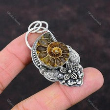 Colgante fósil de amonita de plata de ley 925 hecho a mano colgante de flor de piedras preciosas reales