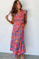Maxi Vestido Para Mujer Informal Vibrante Floral Ajustado Top En Niveles Peplum Dobladillo Ancho