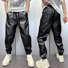 Pantalones de moda para hombre con cordón imitación cuero invierno cálidos informales punk pantalones motociclista