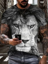 Camiseta Hombre Negro Blanco León Cara Estampado gráfico Moda Manga corta sedoso
