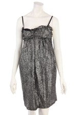 FISICO Vestido de Cóctel Volantes Metálicos S Plata Negro NUEVO