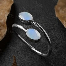 Anillo ajustable de plata de ley 925 con piedra lunar ovalada natural para damas joyería regalo