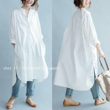 Maxi Vestido Camisa Larga de Algodón para Mujer Suelto Informal Moda Coreana Verano Retro