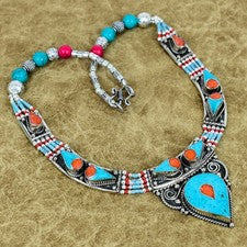 Collar Boho Tibetano Plata de Ley 925 Coral Natural, Turquesa SC115