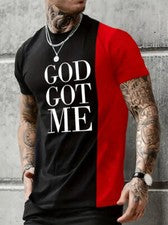 Camiseta Hombres GOD GOT ME Bloques de Color Negro Rojo Contraste Moda Absorbente Suave Informal