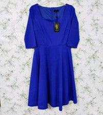 Vestido mediano para mujer Dressystar azul mezcla de nailon bolsillos elásticos línea A