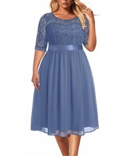 Vestido Pinup Moda Talla Grande Midi Azul Haze Encaje Gasa Línea A 18 Plus