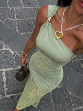 Elegante Maxivestido Escote Asimétrico Verde