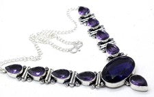 Collar de plata de ley 925 con piedras preciosas de tanzanita y amatista hecho a mano - 18"