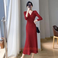 Nuevo Para Mujer Moda Vestido Tejido Invierno Manga Larga Elegante Largo Suéter Vestido
