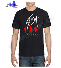 CAMISETA SODA ESTÉREO BLANCO Y NEGRO DISEÑO CLÁSICO ROJO/AMARILLO PREENCOGIDA 100% ALGODÓN