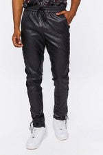 Pantalones de chándal de cuero genuino para hombre de cuero negro motociclista moda con cordones