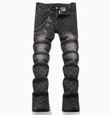 Pantalones de mezclilla negros para hombre rectos acampanados estrás moto moda punk