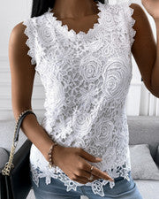 Camiseta Top Para Mujer Verano Cuello en U Sin Mangas Color Sólido Informal Moda Encaje