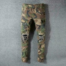 Pantalones de mezclilla ajustados de camuflaje rasgados estilo militar para hombre elásticos deshilachados de motociclis