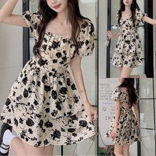 Elegante Vestido Mujer Albaricoque Flores Diseño Estampado Manga Corta Microelasticidad