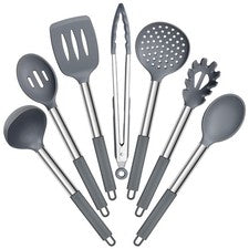 Juego de utensilios de cocina de silicona E-far, 7 piezas cocina resistente al calor pequeño, gris