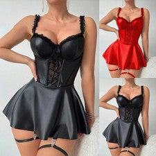 Vestido de mujer de cuero sintético con tirantes de encaje vendaje gótico ropa de club moda de noche
