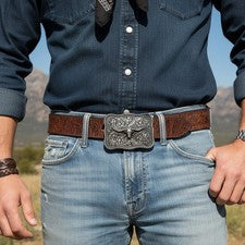 Pantalón de mezclilla de vaca con cuerno largo de Texas de moda occidental cabeza de toro de metal plateado con hebilla 