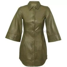 Vestido de Cuero Informal Elegante Fiesta Para Mujer Piel de Cordero Genuina Verde Hecho a Mano