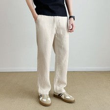 Pantalones largos estilo retro para hombre 100 % lino con cordón pantalones rectos informales primavera