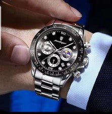 Relojes para hombre plata negro fecha relojes de pulsera acero relojes deportivos batería reloj de cuarzo