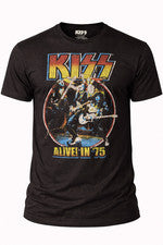 Camiseta KISS Alive 75 Banda Gráfica Camiseta De Colección Gira de Conciertos de Rock Negra
