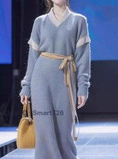 Moda Mujer Largo Tejido Cinturón Vestido Manga Larga Suéter Línea A Informal Elegante
