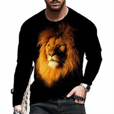 Camiseta Manga Larga Para Hombre Estampado Gráfico León Negro, Camiseta Vintage