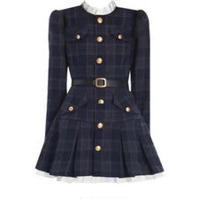 Traje de mujer vestido plisado volantes ribete manga larga con cinturón estampado a cuadros Preppy