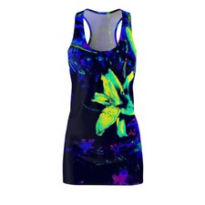 Vestido para mujer espalda cruzada estampado futurista neón tropical naturaleza colorido
