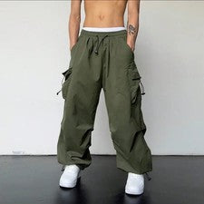 Pantalones de Carga Multi Bolsillo Cordón Sueltos Informales Unisex Poliéster Pantalones Estilo