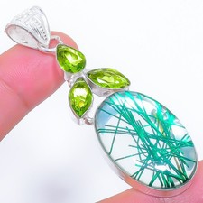 Cuarzo de rutilo verde, piedra preciosa de peridoto 925 colgante de joyería d...