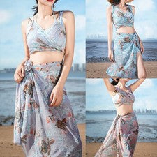 Vestido estampado con volantes sin espalda traje de baño gris verde colores verano par